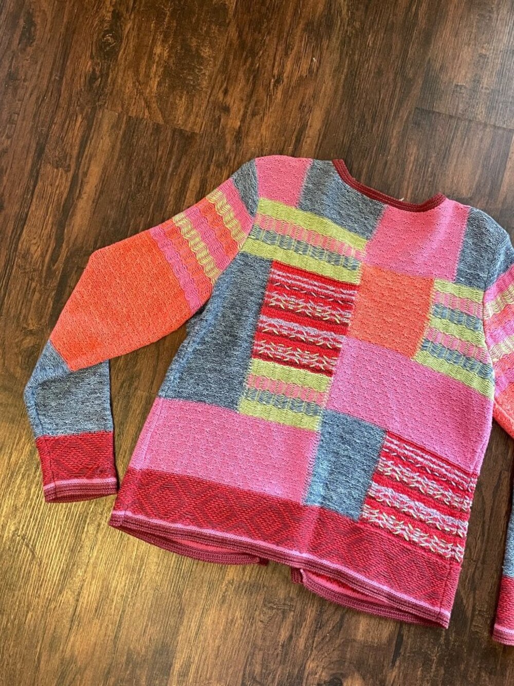 Vintage 1990s Colorful Hand Knit Patchwork Embroidered 3D Knit Cardigan Sweater - Picture 11 of 13